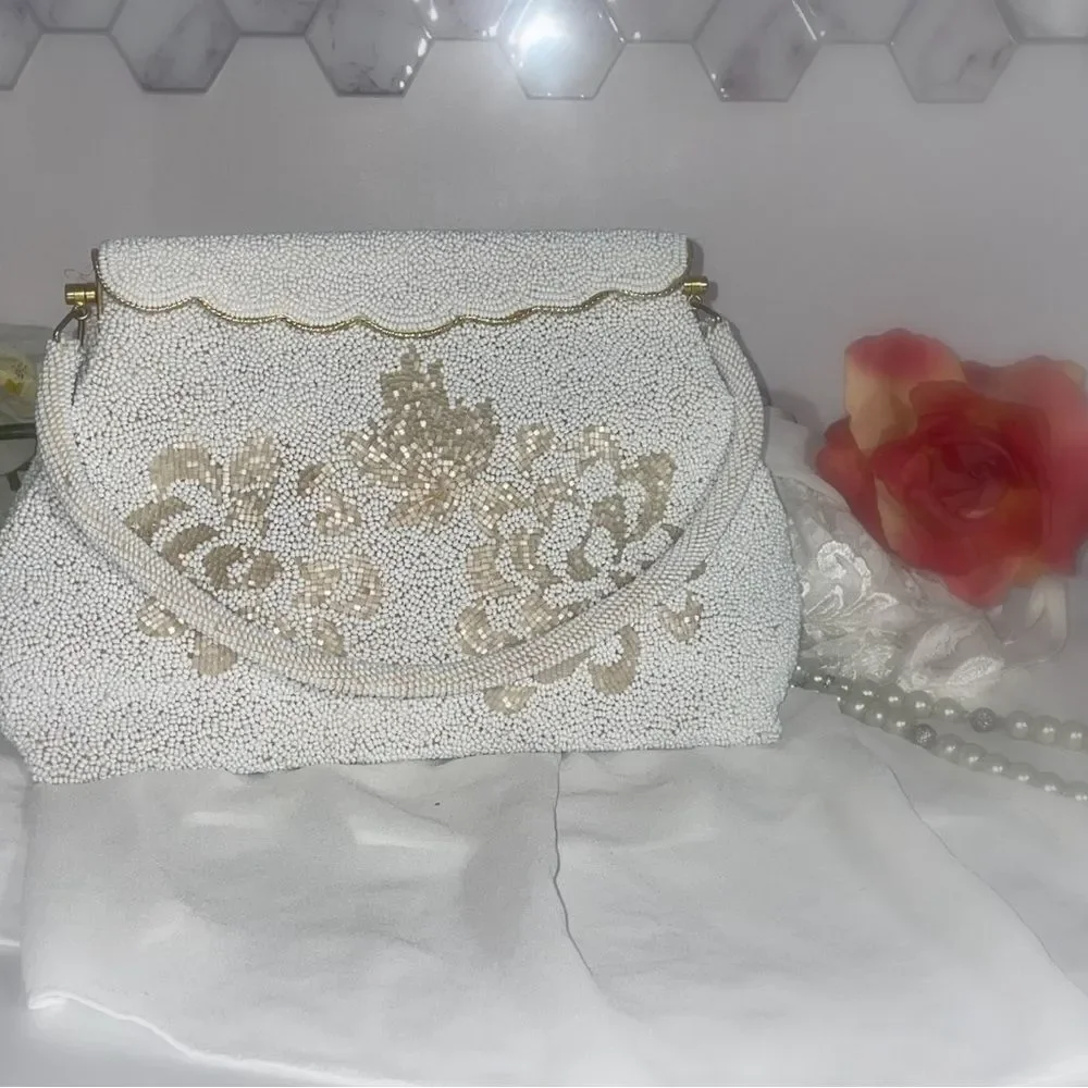 Elegant White and Gold Beaded Bridal Bag